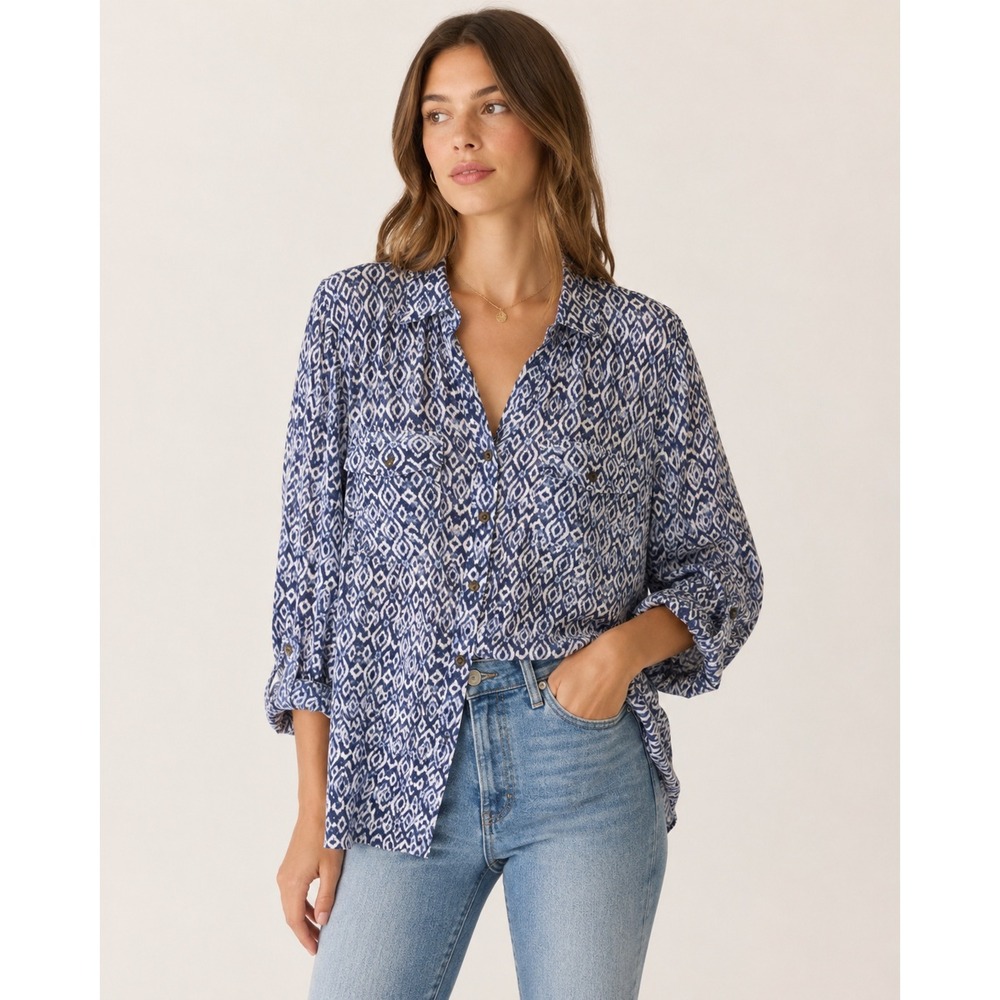 Blue White Geometric Boho Blouse Button Front Roll Tab Tunic Relaxed Top 2X